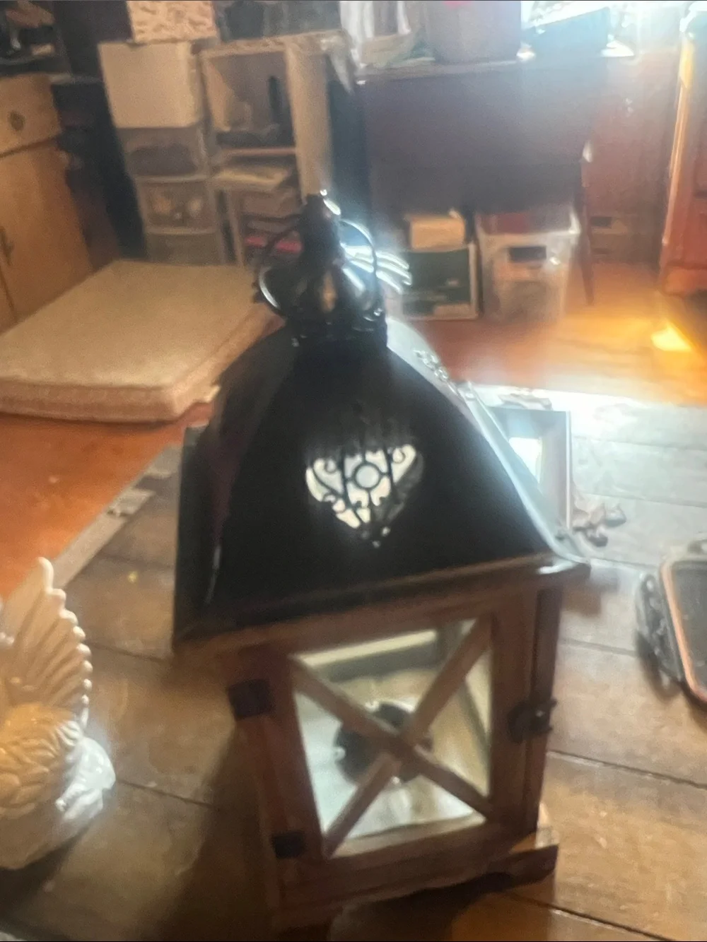 Rustic Wood and Black Metal Lantern - Home Accents